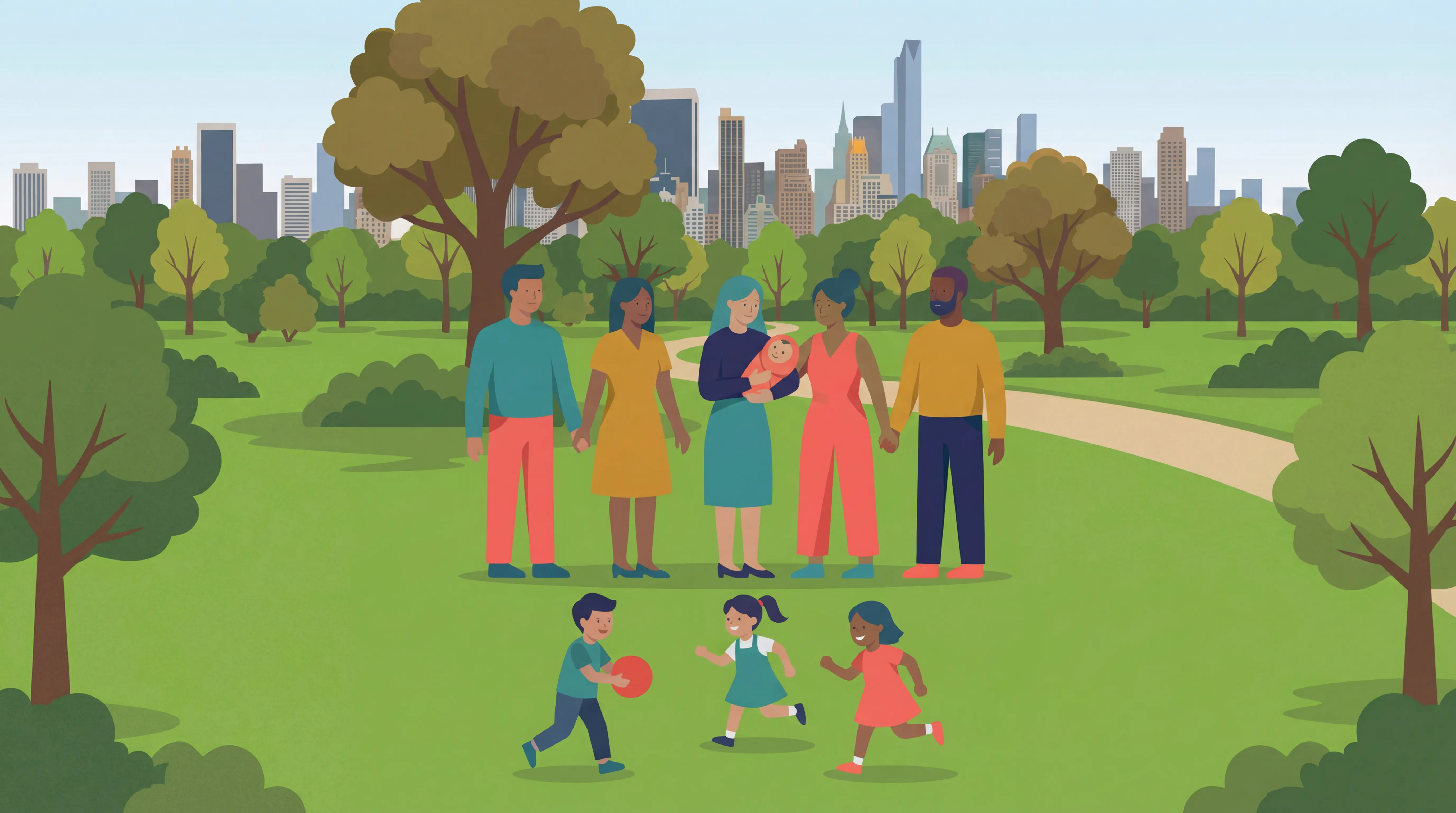 People holding hands at a park with city skyline in the background, kids playing in the foreground.